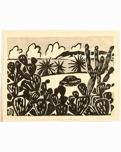 Copia de Copia de Paisaje de Kyushu, Miyazaki - (Cactus y un coche) - Sadao Kuroki (1908-1984) // [24 x 19 cm]